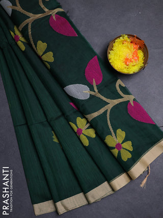 Bottle Green & Beige Jamdani Silk Cotton Saree