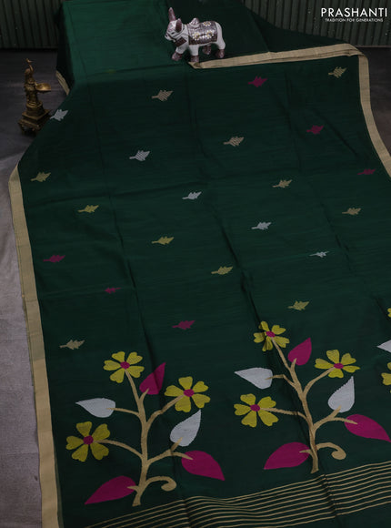 Bottle Green & Beige Jamdani Silk Cotton Saree
