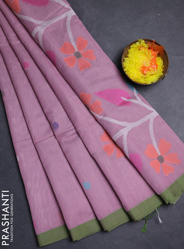 Mauve Pink & Green Jamdani Silk Cotton Saree