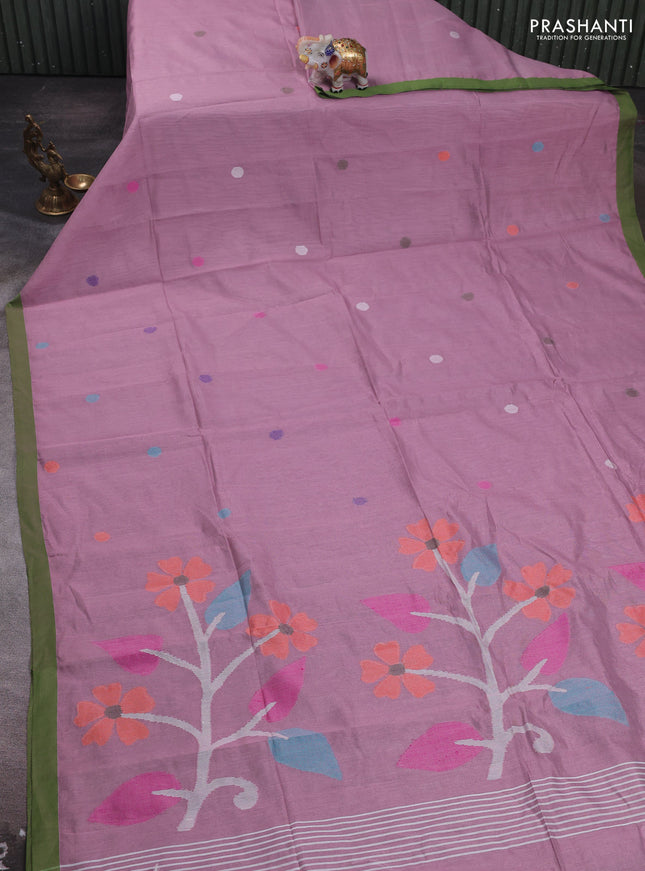 Mauve Pink & Green Jamdani Silk Cotton Saree