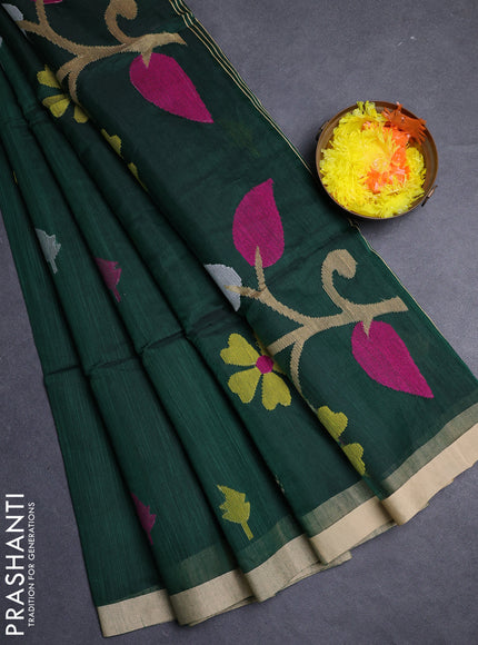 Bottle Green & Beige Jamdani Silk Cotton Saree