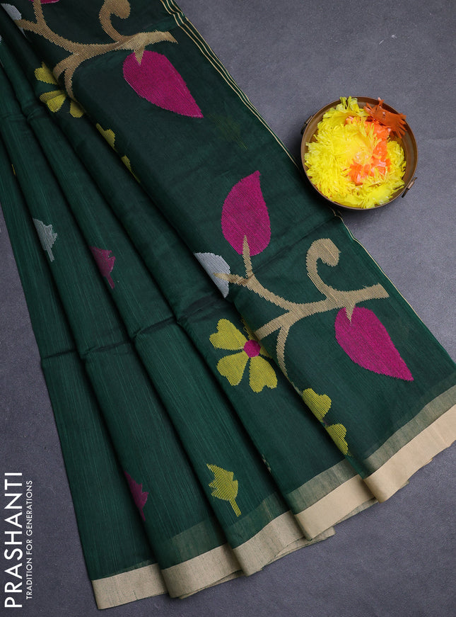Bottle Green & Beige Jamdani Silk Cotton Saree