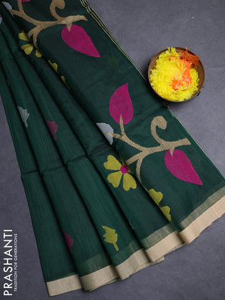 Bottle Green & Beige Jamdani Silk Cotton Saree