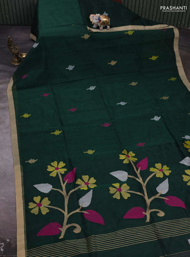 Bottle Green & Beige Jamdani Silk Cotton Saree
