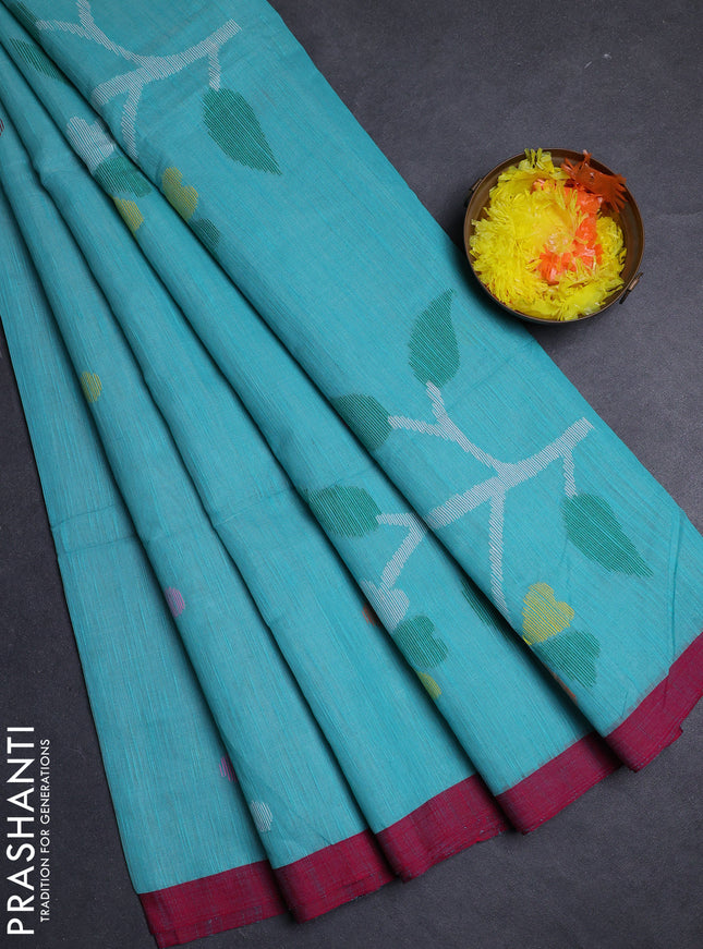 Teal Green & Pink Jamdani Silk Cotton Saree