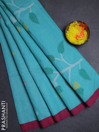 Teal Green & Pink Jamdani Silk Cotton Saree