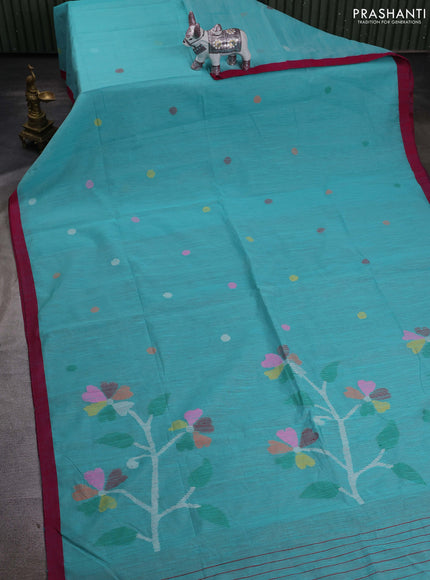Teal Green & Pink Jamdani Silk Cotton Saree