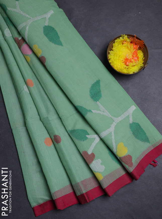 Pastel Pista Green & Pink Jamdani Silk Cotton Saree