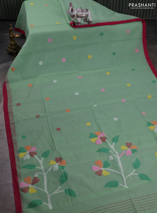 Pastel Pista Green & Pink Jamdani Silk Cotton Saree