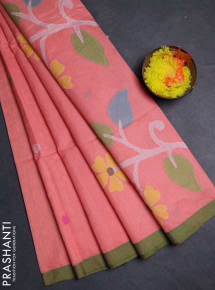 Peach & Green Jamdani Silk Cotton Saree