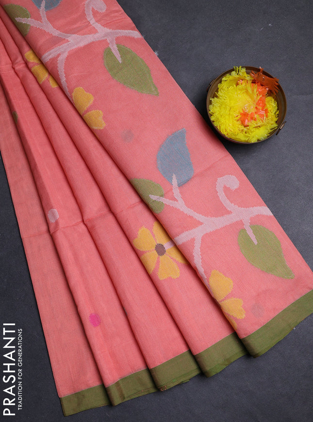 Peach & Green Jamdani Silk Cotton Saree