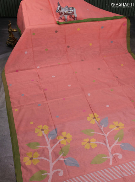 Peach & Green Jamdani Silk Cotton Saree
