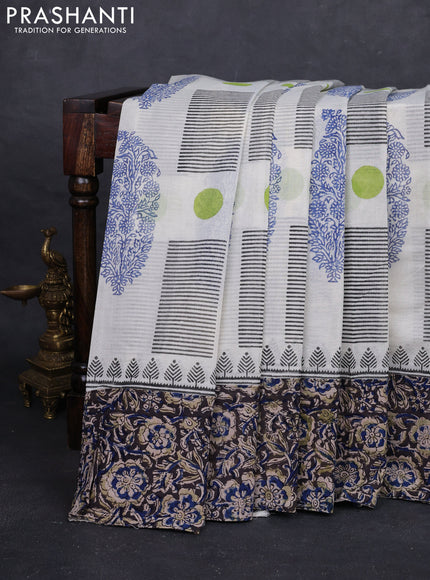 Off White & Grey Cotton Block Printed Saree - Kalamkari Applique Border