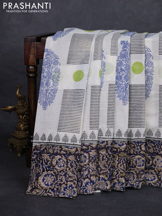 Off White & Grey Cotton Block Printed Saree - Kalamkari Applique Border