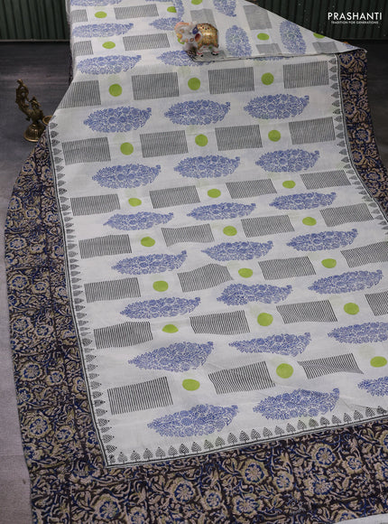Off White & Grey Cotton Block Printed Saree - Kalamkari Applique Border