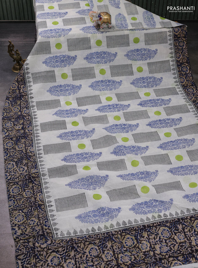 Off White & Grey Cotton Block Printed Saree - Kalamkari Applique Border