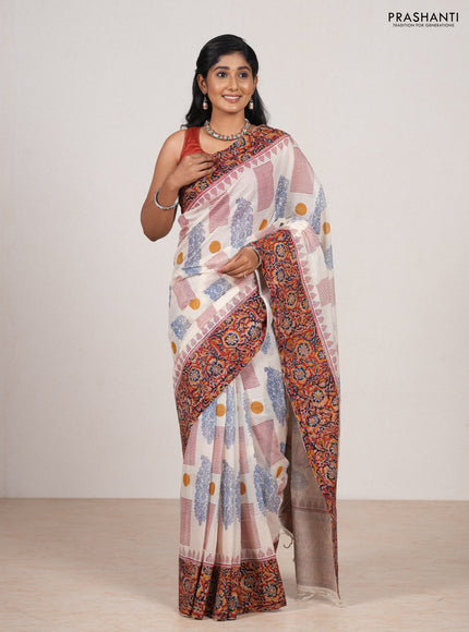 Off White & Maroon Cotton Block Printed Saree - Kalamkari Applique Border