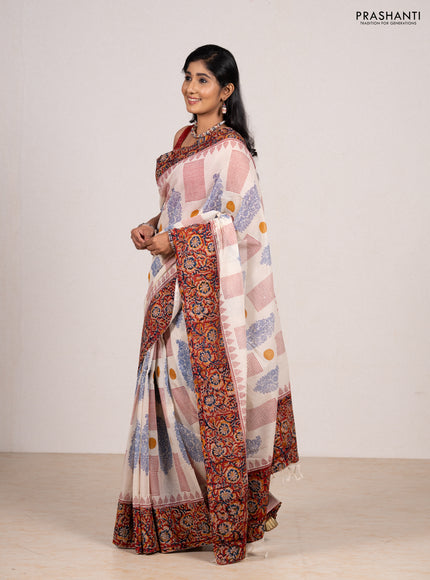 Off White & Maroon Cotton Block Printed Saree - Kalamkari Applique Border