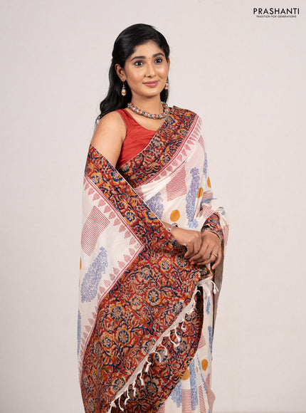 Off White & Maroon Cotton Block Printed Saree - Kalamkari Applique Border
