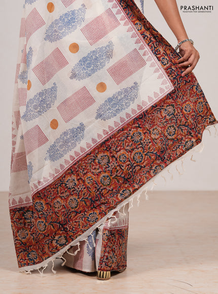Off White & Maroon Cotton Block Printed Saree - Kalamkari Applique Border