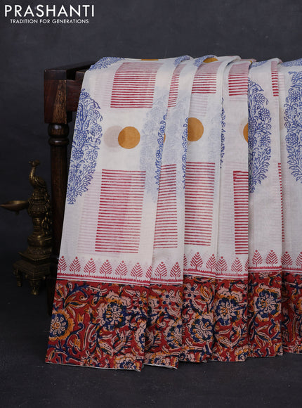Off White & Maroon Cotton Block Printed Saree - Kalamkari Applique Border