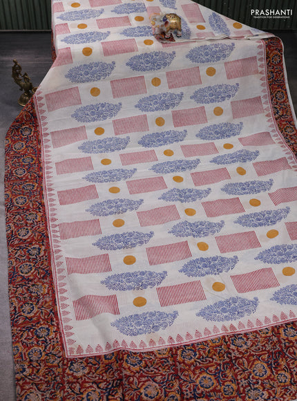 Off White & Maroon Cotton Block Printed Saree - Kalamkari Applique Border