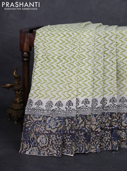 Off White & Black Cotton Block Printed Saree - Kalamkari Applique Border