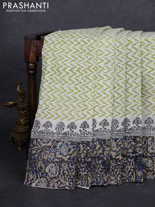 Off White & Black Cotton Block Printed Saree - Kalamkari Applique Border