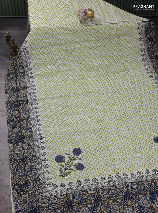 Off White & Black Cotton Block Printed Saree - Kalamkari Applique Border