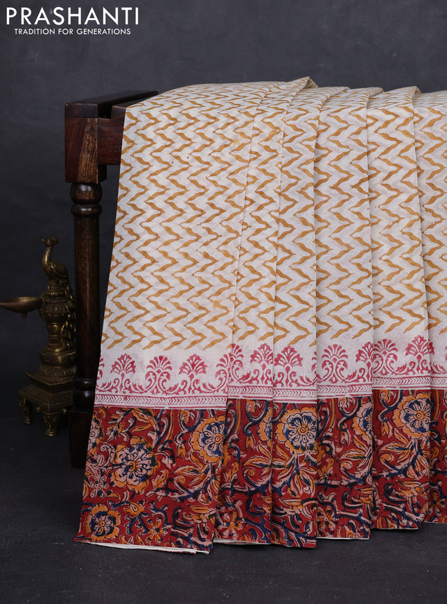 Off White & Maroon Cotton Block Printed Saree - Kalamkari Applique Border