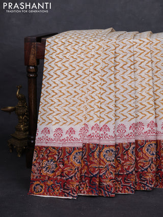 Off White & Maroon Cotton Block Printed Saree - Kalamkari Applique Border