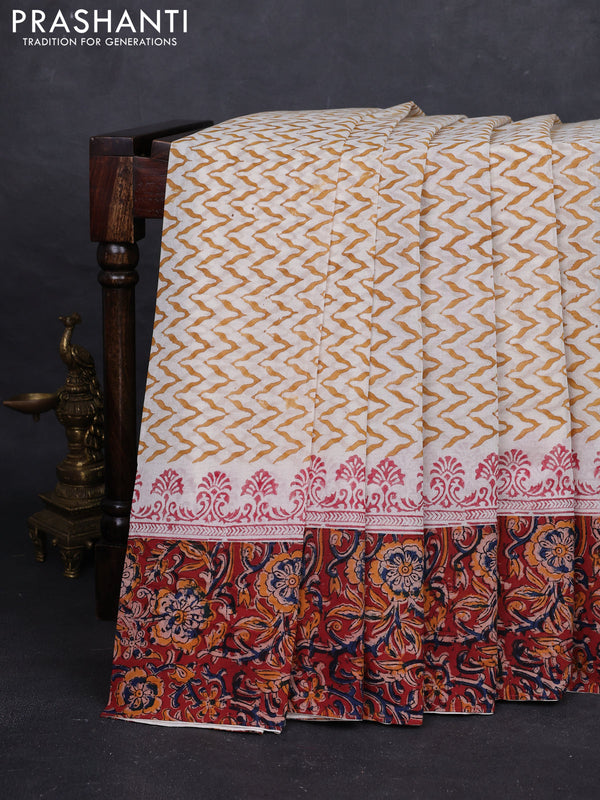Off White & Maroon Cotton Block Printed Saree - Kalamkari Applique Border