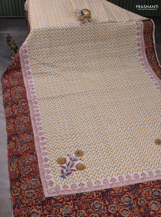 Off White & Maroon Cotton Block Printed Saree - Kalamkari Applique Border