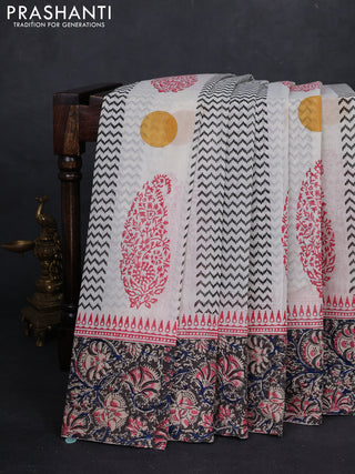 Off White & Grey Cotton Block Printed Saree - Kalamkari Applique Border