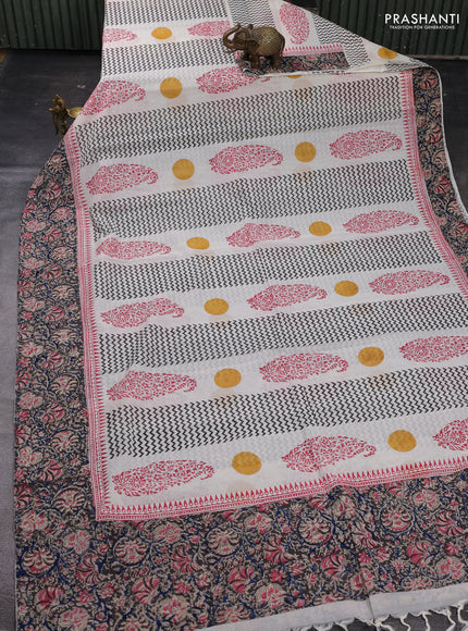 Off White & Grey Cotton Block Printed Saree - Kalamkari Applique Border