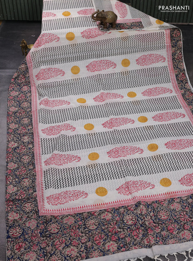 Off White & Grey Cotton Block Printed Saree - Kalamkari Applique Border