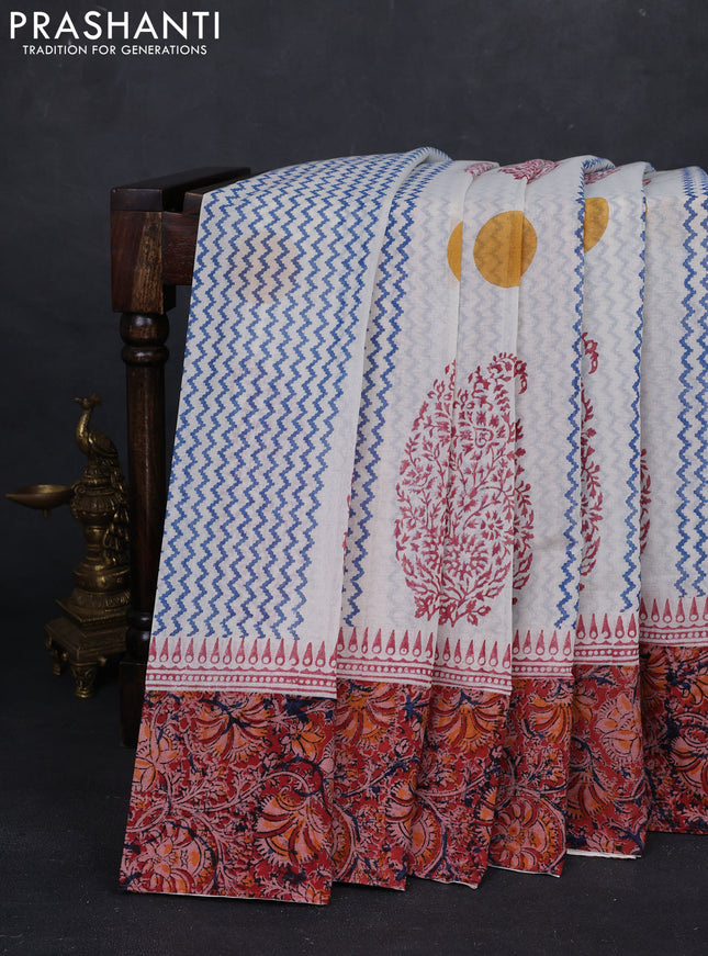 Off White & Maroon Cotton Block Printed Saree - Kalamkari Applique Border