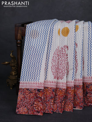 Off White & Maroon Cotton Block Printed Saree - Kalamkari Applique Border