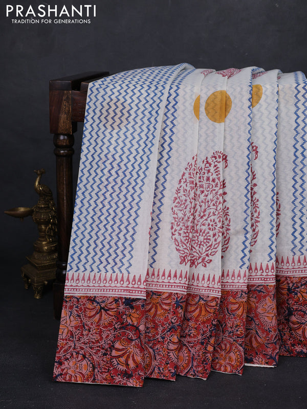 Off White & Maroon Cotton Block Printed Saree - Kalamkari Applique Border