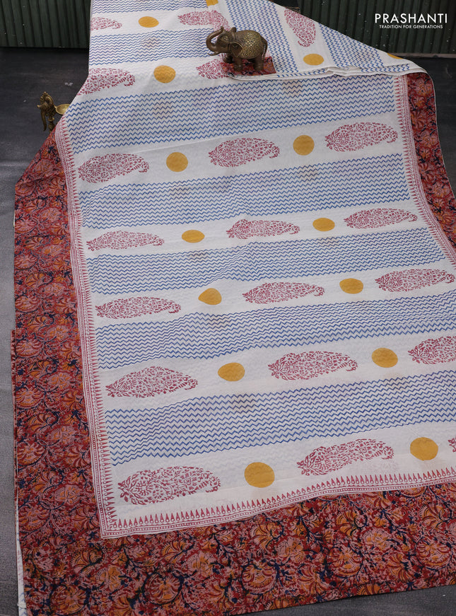 Off White & Maroon Cotton Block Printed Saree - Kalamkari Applique Border