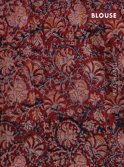 Off White & Maroon Cotton Block Printed Saree - Kalamkari Applique Border