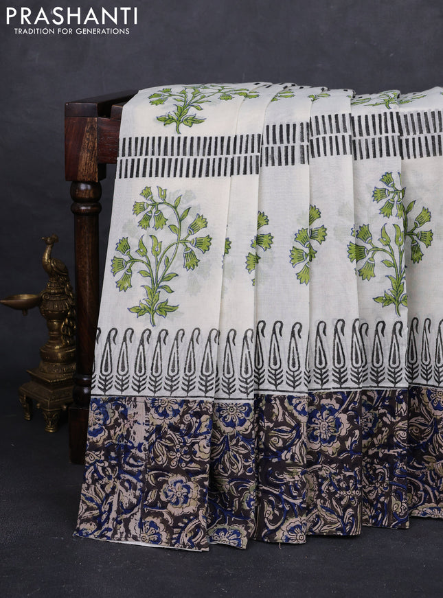 Off White & Black Cotton Block Printed Saree - Kalamkari Applique Border