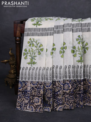 Off White & Black Cotton Block Printed Saree - Kalamkari Applique Border