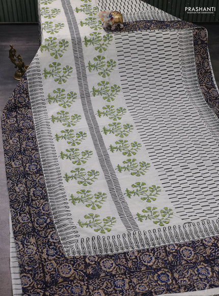 Off White & Black Cotton Block Printed Saree - Kalamkari Applique Border