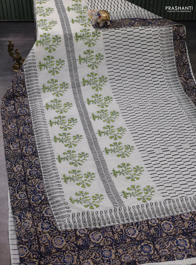 Off White & Black Cotton Block Printed Saree - Kalamkari Applique Border