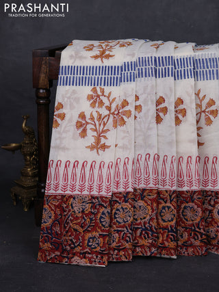Off White & Maroon Cotton Block Printed Saree - Kalamkari Applique Border