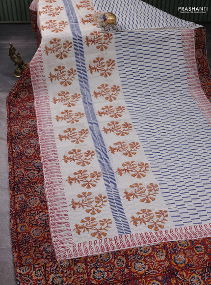 Off White & Maroon Cotton Block Printed Saree - Kalamkari Applique Border