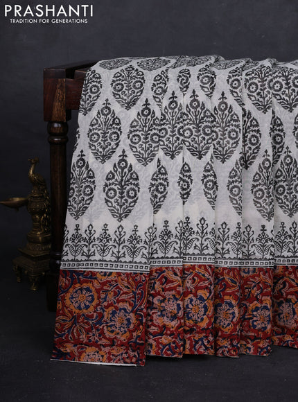 Off White & Maroon Cotton Block Printed Saree - Kalamkari Applique Border