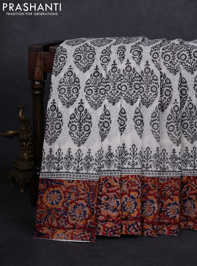 Off White & Maroon Cotton Block Printed Saree - Kalamkari Applique Border