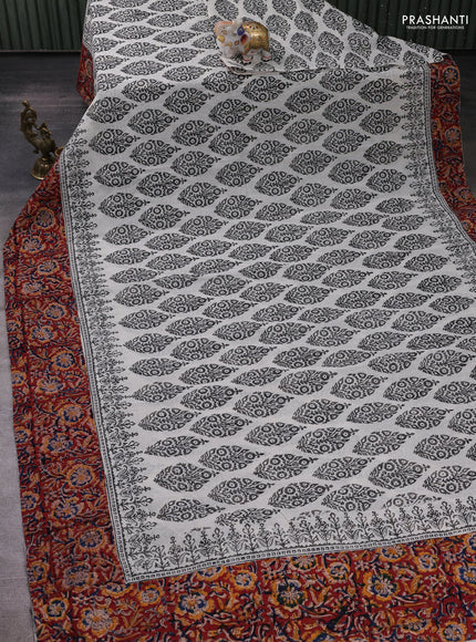 Off White & Maroon Cotton Block Printed Saree - Kalamkari Applique Border